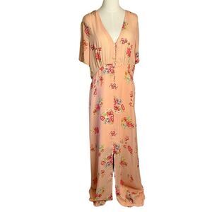 Asos Womens Size 14 Maxi Dress Orange Floral Short Sleeve V Neck Button Front